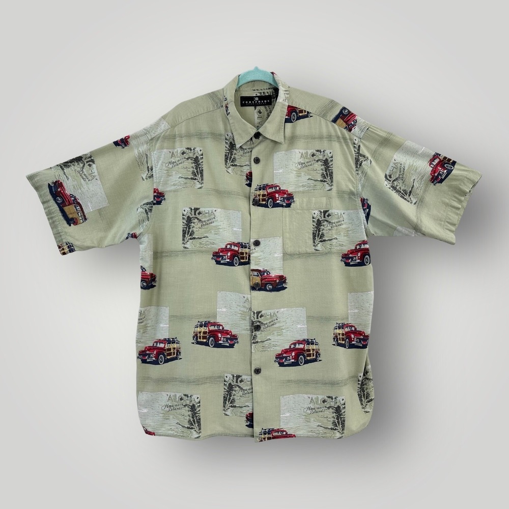 Consensus Sportswear Hawaiian Shirt Mens XL‎ Woody Wagon Surfer Beach Camp